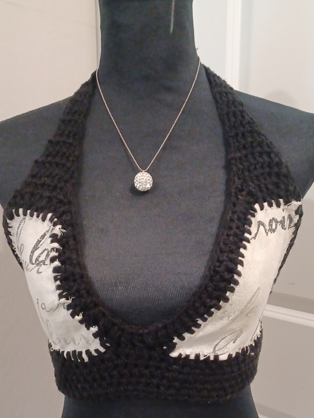 Black Crochet Halter Crop Top with Printed Inset